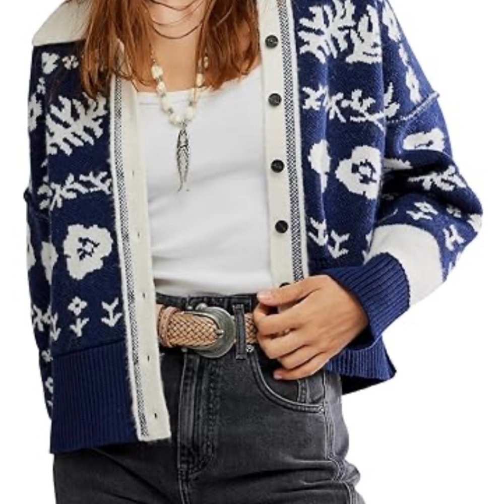 Navy and White Floral Cardigan Sweater